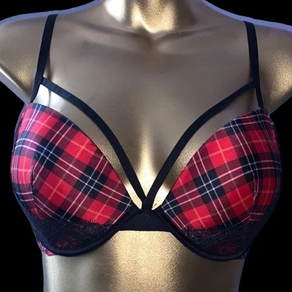 Victorias Secret Very Sexy Strappy Bra Lacy Tartan Plaid Padded Underwire Pushup - Picture 10 of 14